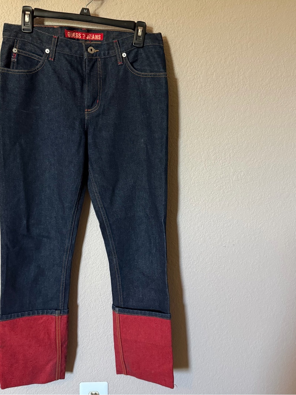 GUESS JEANS Womens 28 Dark Wash Boot Cut Jeans Red Flip Cuff Cool Unique
